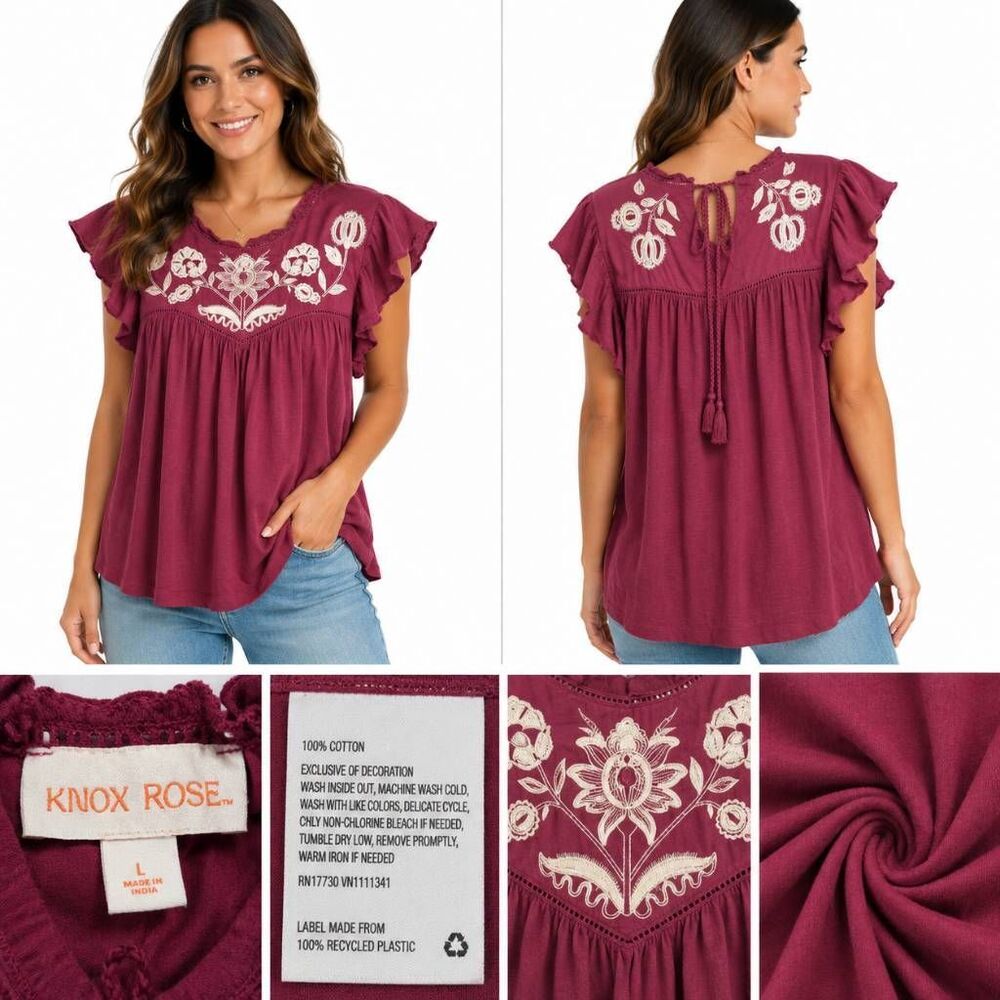 Knox Rose Embroidered Boho Top Burgundy Large Cotton